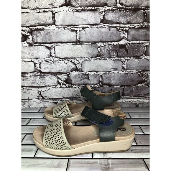 Pikolinos Beige Leather Floral Cut Blue Ankle Strap Wedge Sandals Women 39EU/8.5 - Picture 7 of 16